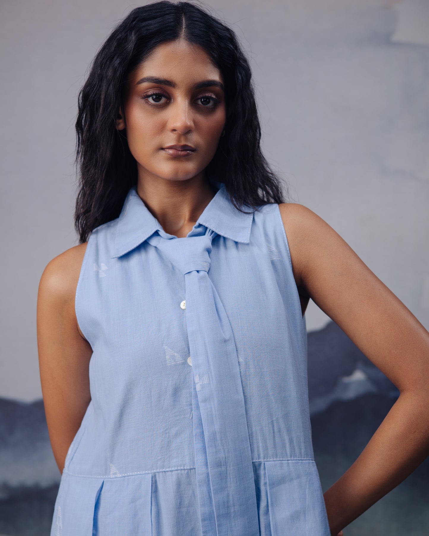 Azure Box Pleat Sleeveless Dress