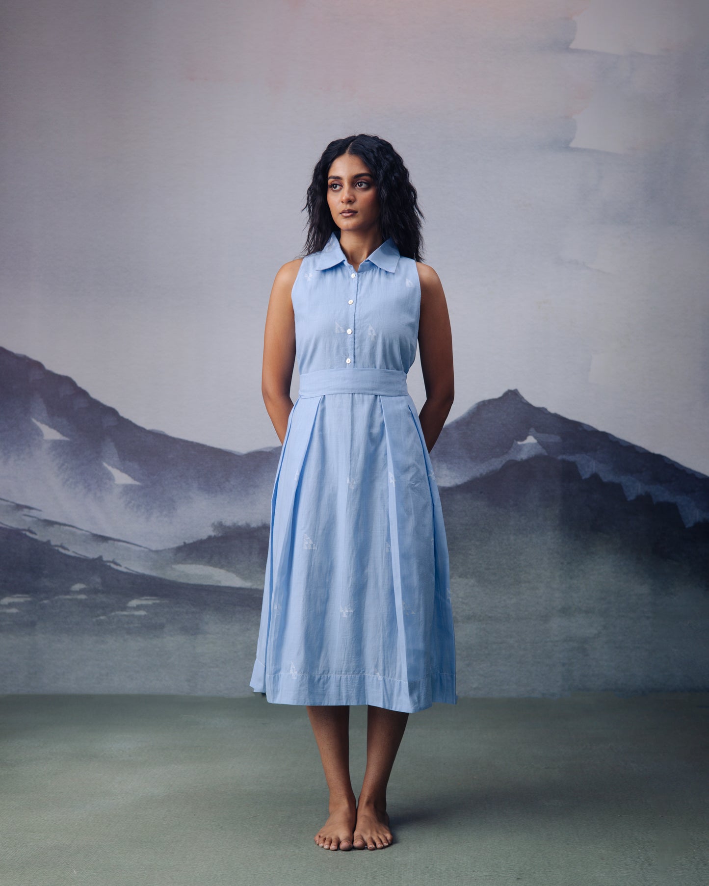 Azure Box Pleat Sleeveless Dress