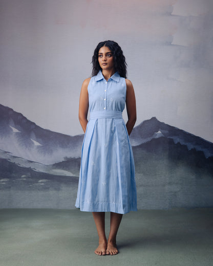 Azure Box Pleat Sleeveless Dress