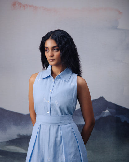 Azure Box Pleat Sleeveless Dress